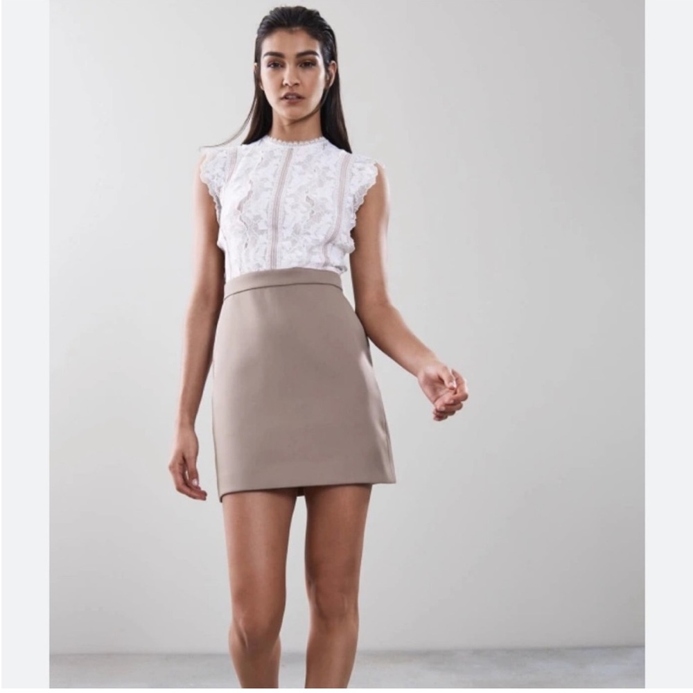 Reiss Tan and White Sheath Dress Ruffled Pleated Mini